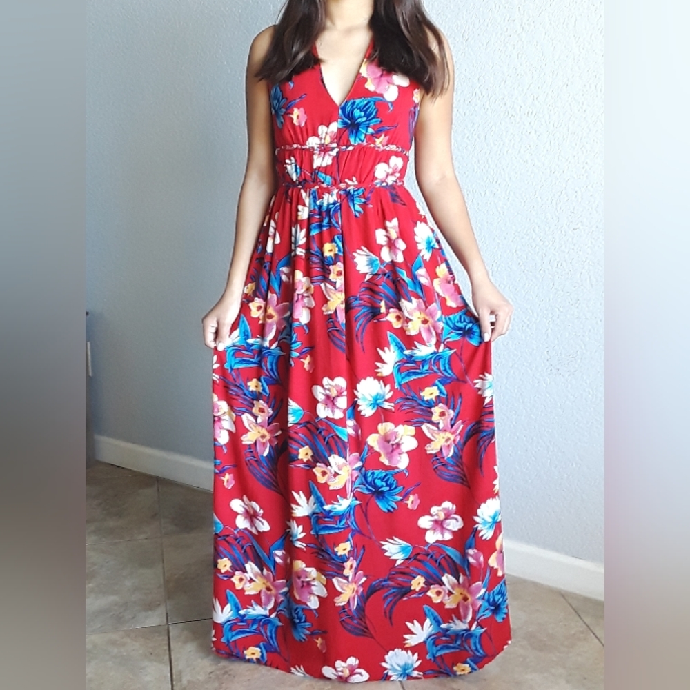 Red, Blue and White Floral  Dress.